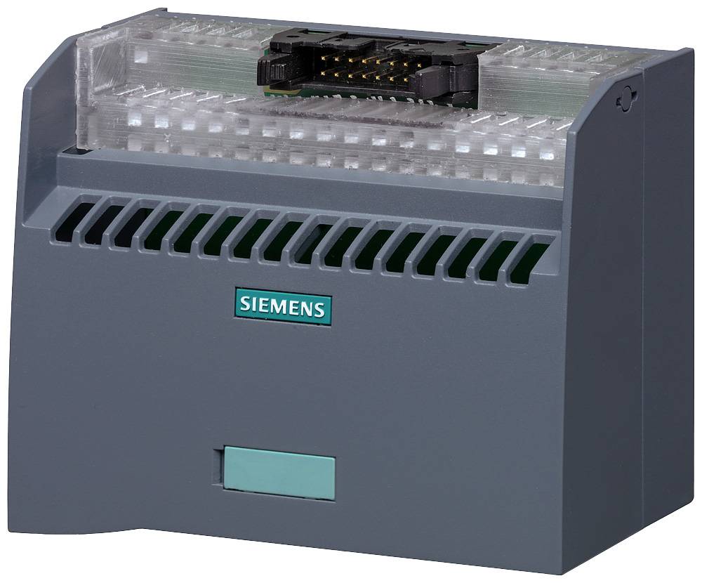Ein graues Siemens-Industrierelaisgehäuse mit Lüftungsschlitzen, einem Steckverbinder oben und dem Siemens-Logo vorne.
