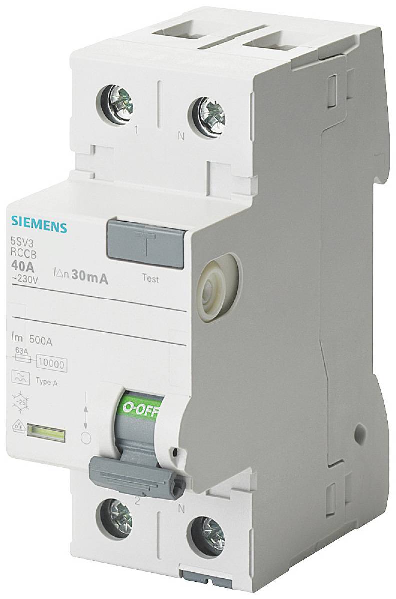 Ein Siemens-Leistungsschalter, 40A Nennstrom, 230V Spannung, mit Testknopf und Anzeigelampe, typischerweise verwendet zur Überstromschutz.