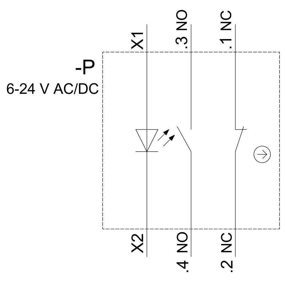 Elektrisches Schaltbild eines Relais: 6-24 V AC/DC, Anschlüsse X1 und X2, Kontakte 1 NC, 2 NC, 3 NO, 4 NO, Diodensymbol angezeigt.