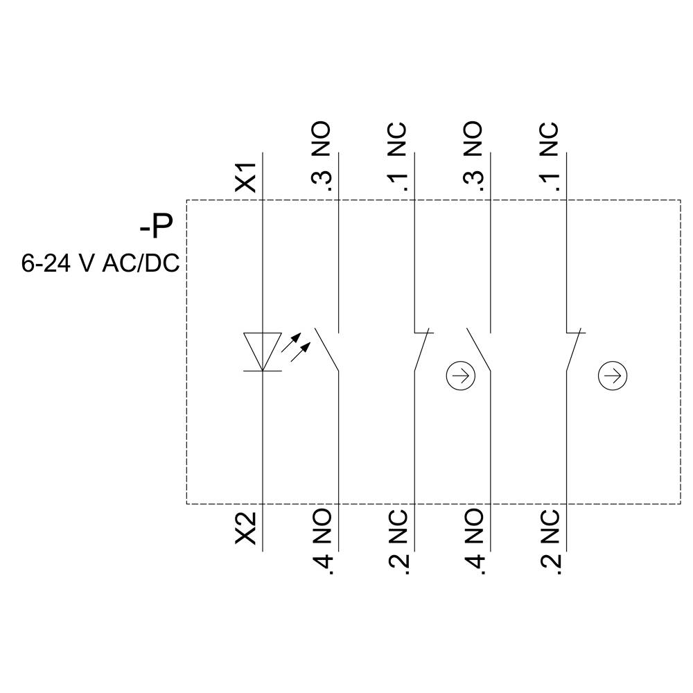 Schaltplan zeigt ein Relais mit den Anschlüssen für 6-24 V AC/DC, mit zwei Umschaltkontakten (NO und NC) und einer LED-Anzeige.