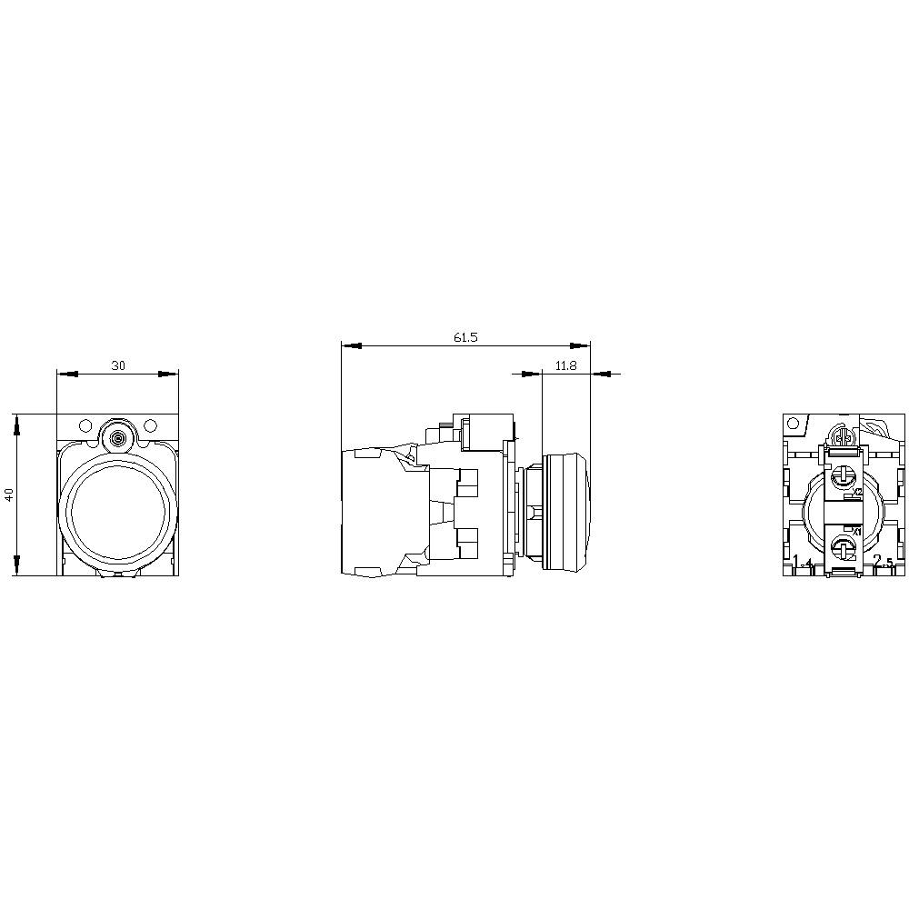 Technische Zeichnung eines Schalters mit Frontansicht, Seitenansicht und Rückansicht. Maße sind 34 mm Breite und 61,5 mm Tiefe.