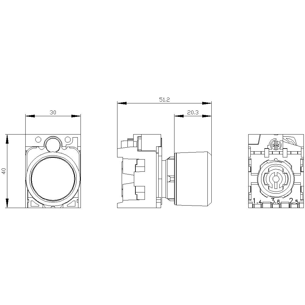 Technische Zeichnung eines runden Schalters mit Abmessungen: 40 mm x 51,2 mm x 20,3 mm. Drei Ansichten zeigen Details des Schalters.