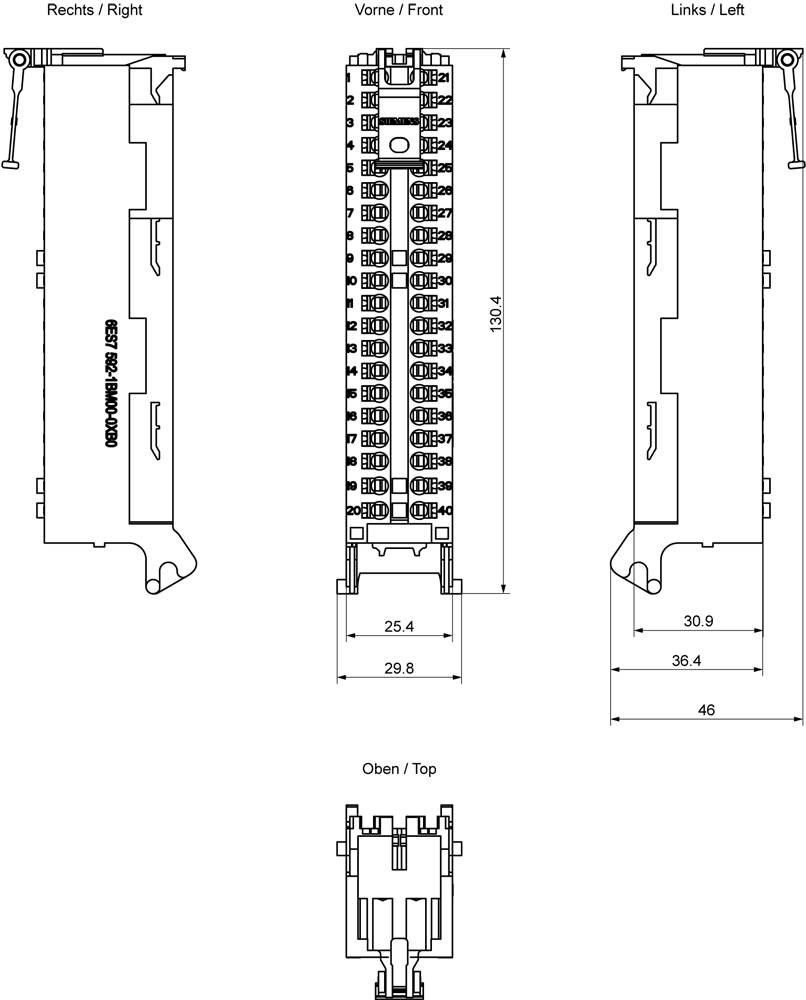 Technische Zeichnung einer elektrischen Komponente mit Abmessungen: 120,4 vertikale Höhe, 25,4 Breite und 30,9 Tiefe. Die Ansichten umfassen Vorder-, Rechts-, Links- und Draufsicht.
