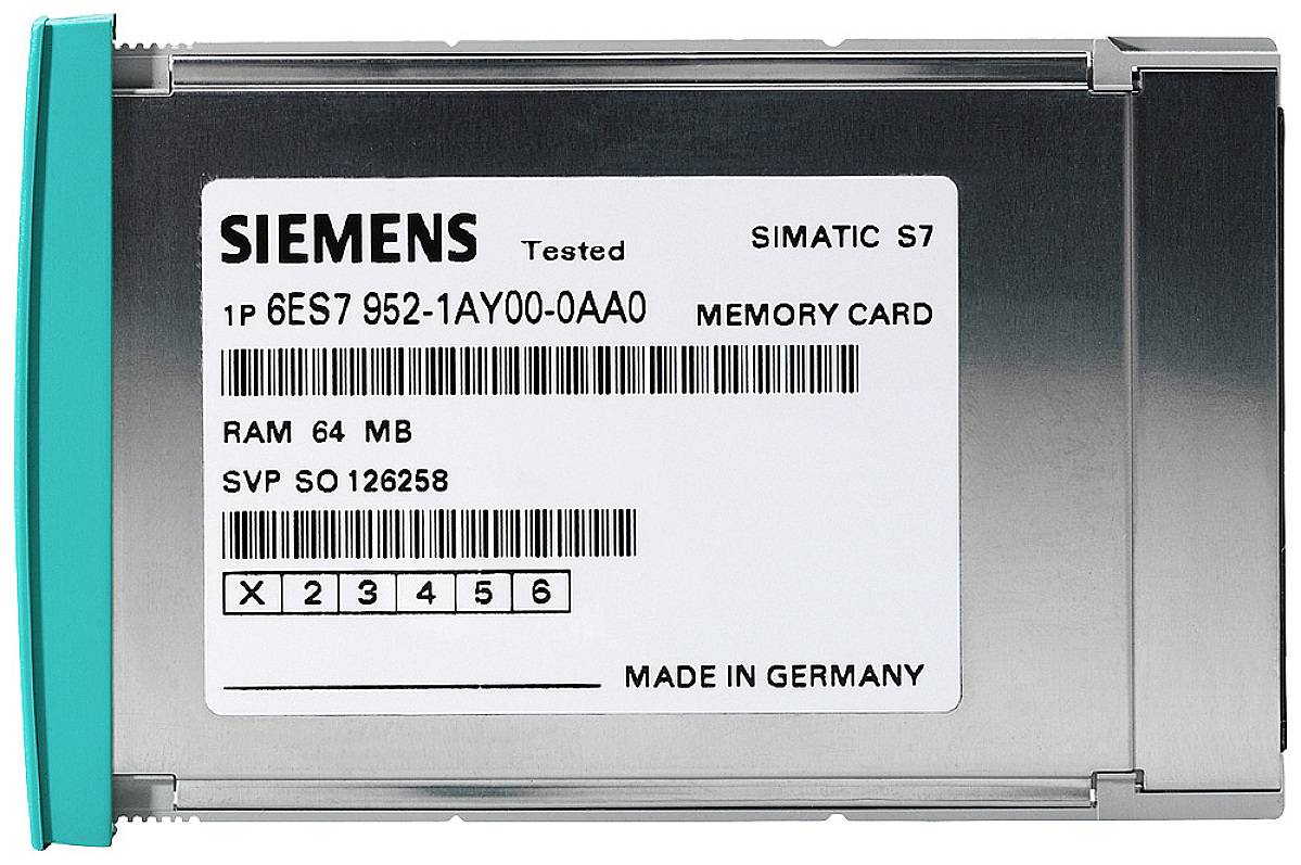 Siemens SIMATIC S7 Speicherkarte mit 64 MB RAM, Typennummer 6ES7 952-1AY00-0AA0, hergestellt in Deutschland.