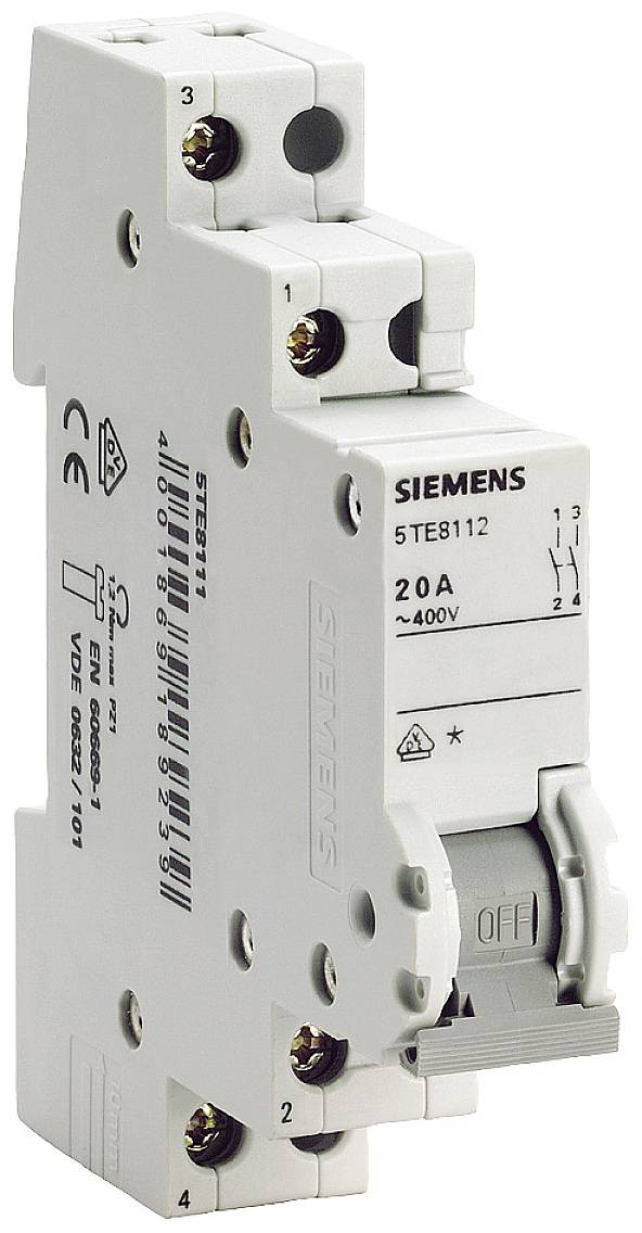 Ein zweipoliger Leistungsschalter von Siemens, Typ 5TEB112, geeignet für 20 Ampere und 400 Volt.