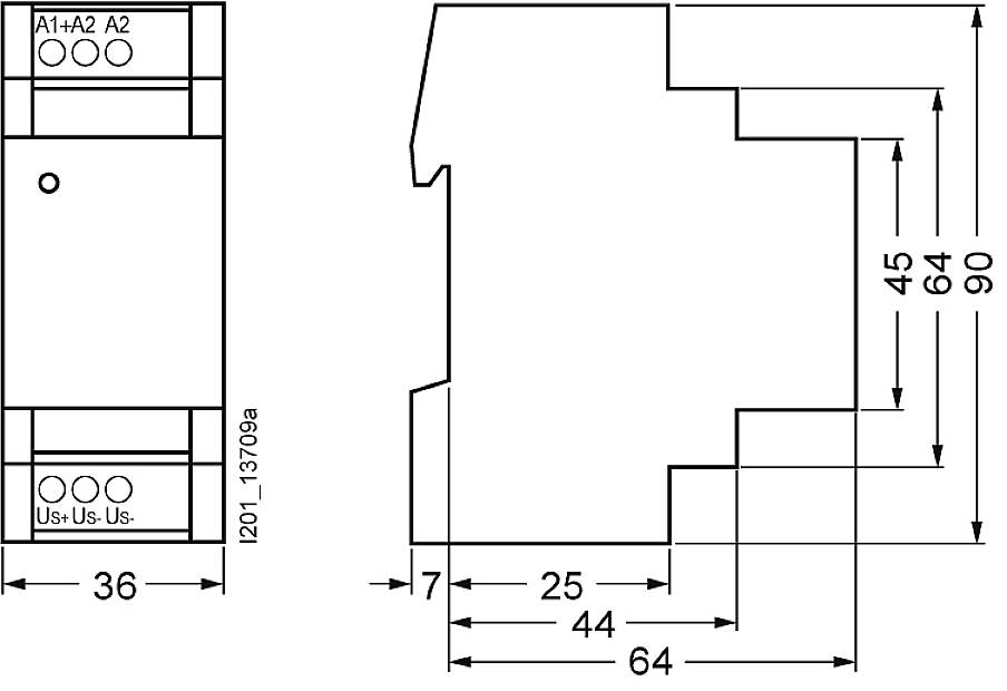 Schaltplan einer Klemme mit Maßen: Breite 36 mm, Höhe 90 mm, Tiefe 64 mm. Anschlussklemmen A1, A2 und Us+/- markiert.