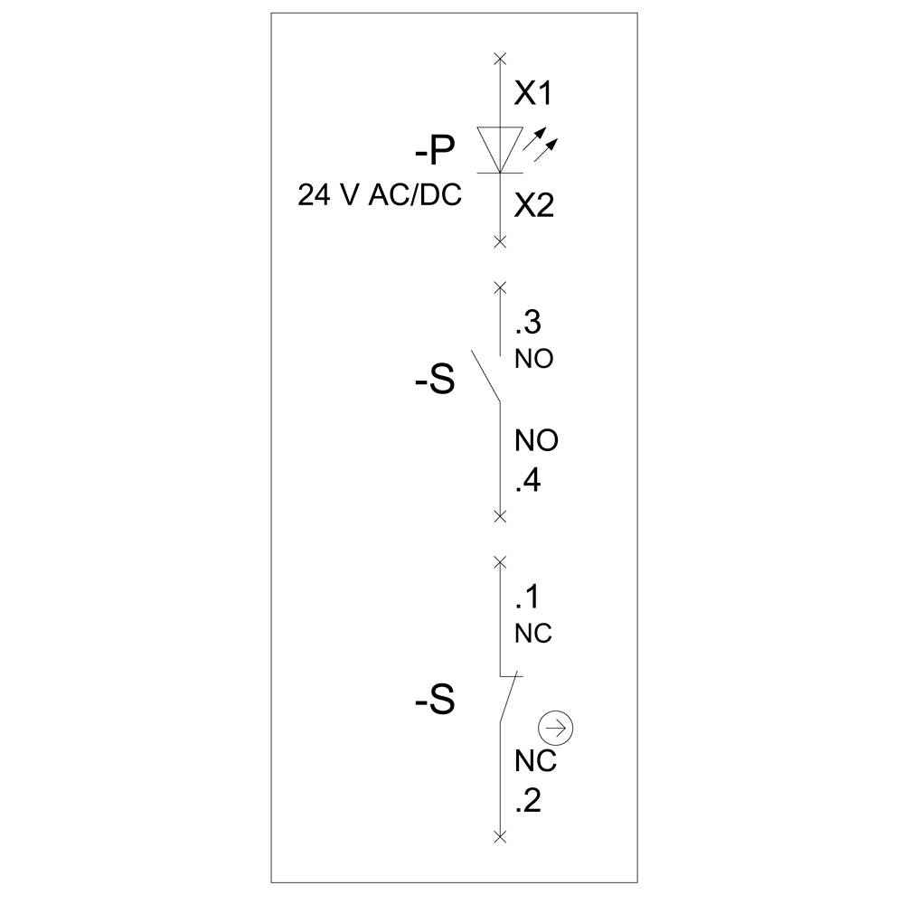 Schaltschema: Eine LED verbunden mit 24 V AC/DC. Zwei Schalter: Oben normal offen (NO), unten normal geschlossen (NC). Beschriftet mit X1, X2, .3, .4, .1, .2.