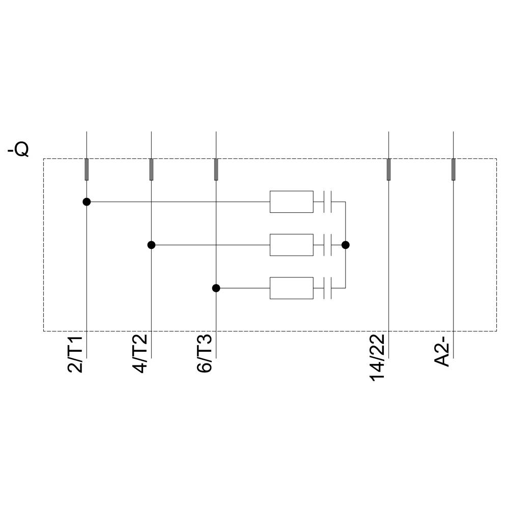 Schaltsymbol zeigt eine dreiphasige Leistungssicherung mit Beschriftungen: '2/T1', '4/T2', '6/T3', '14/22', 'A2-'.
