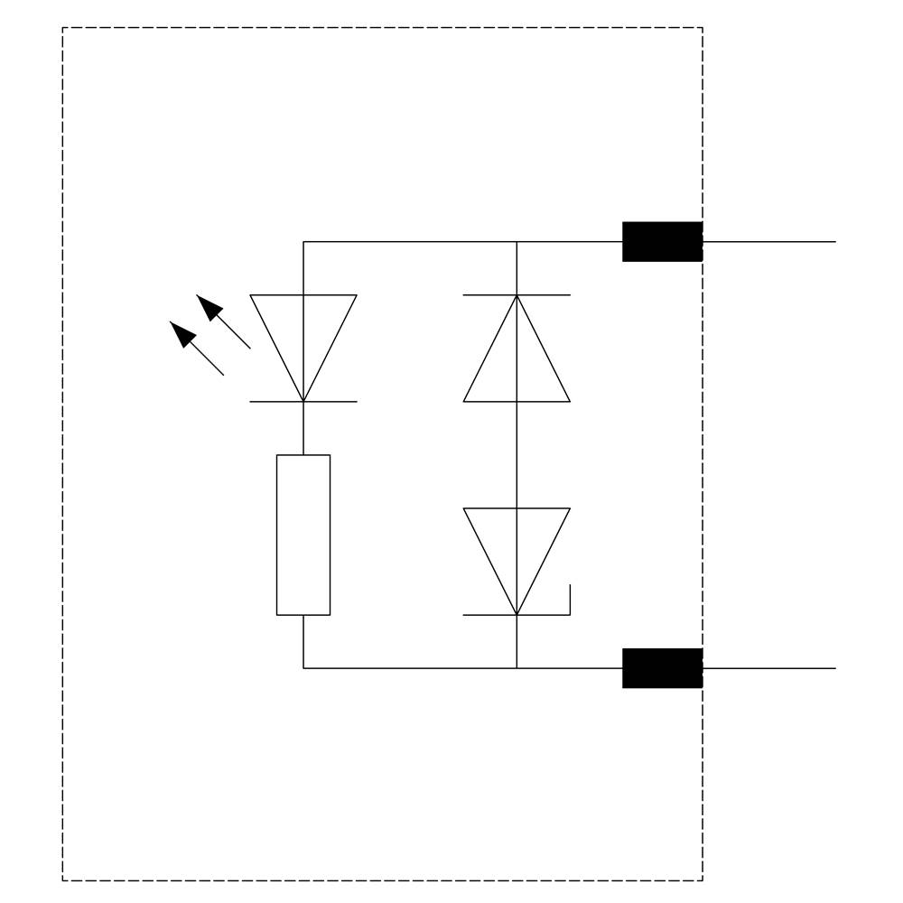 Schaltsymbol im Schaltplan zeigt eine LED in Serie zu zwei antiparallelen Dioden, die zu einer Stromquelle führen.