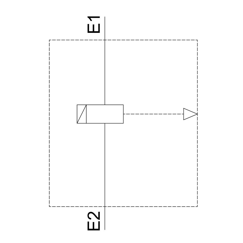 Schematic of a pneumatic directional control valve with ports E1 and E2. Shows flow direction from E1 through the valve, exiting to the right.
