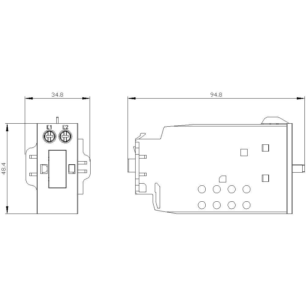 Technische Zeichnung eines rechteckigen Bauteils mit Maßen: Breite 34.8 mm, Höhe 48.4 mm, Länge 94.8 mm. Draufsicht und Seitenansicht dargestellt.