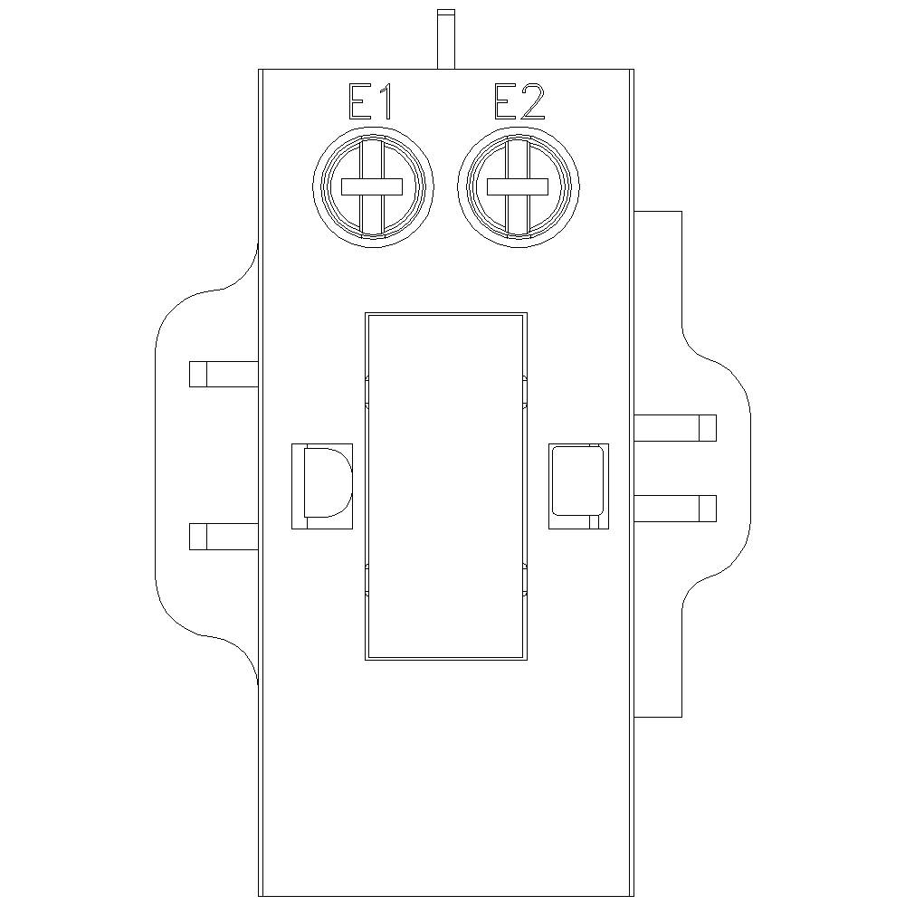 Technische Zeichnung eines Schalters mit zwei oberen Schrauben E1 und E2, seitlichen Anschlussklemmen und einem zentralen Kippschalter.
