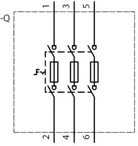 Schaltsymbol für eine dreiphasige Sicherungsschaltung mit drei parallelen Sicherungen, gekennzeichnet mit Zahlen 1 bis 6.