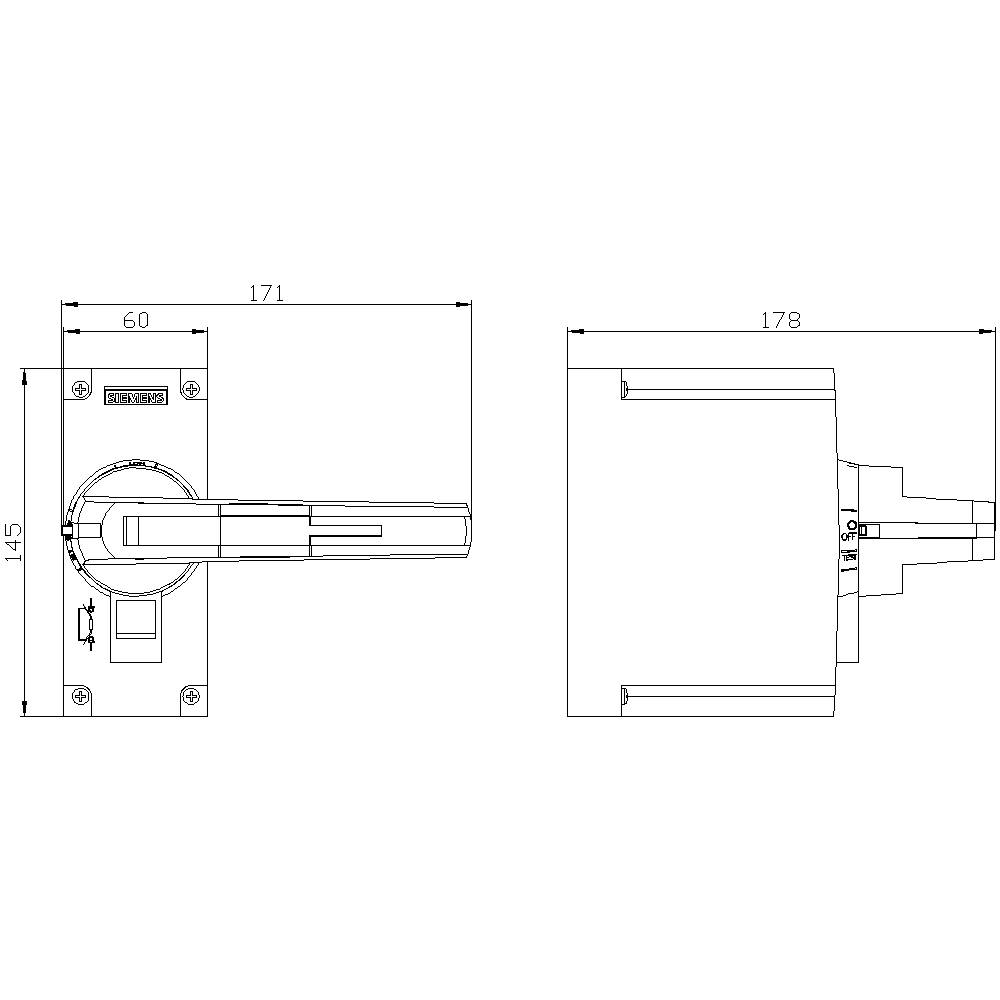 Zwei technische Zeichnungen eines Türgriffs mit genauen Maßen in Millimetern: Vorderansicht (171x145) und Seitenansicht (178).