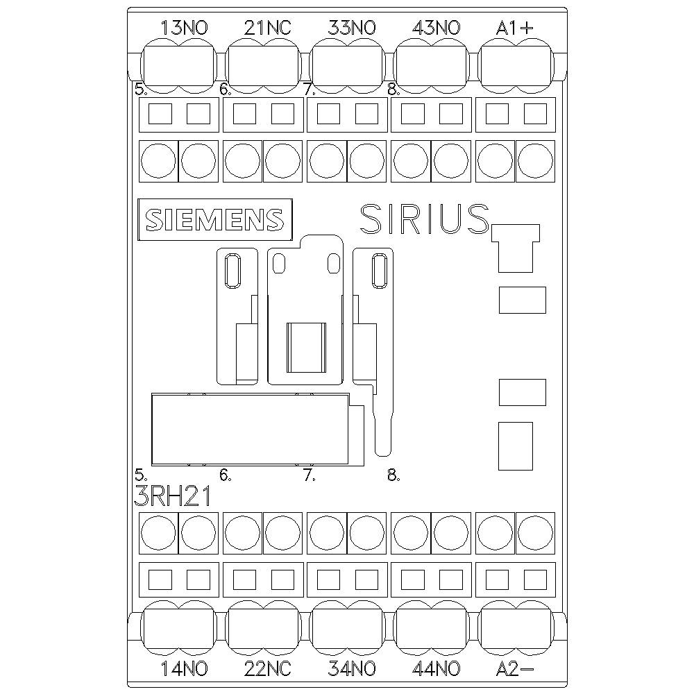 Technische Zeichnung eines Siemens SIRIUS Relais mit Anschlussbelegung und Bezeichnungen. Enthält Anschlüsse 13NO, 21NC, 33NO, 43NO.
