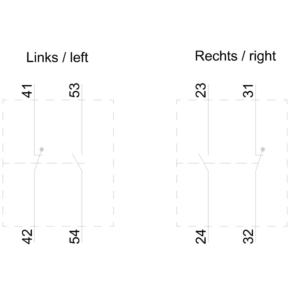 'Links / left' und 'Rechts / right' zeigen Diagramme mit vertikalen und horizontalen Linien. Nummern: Links 41, 42, 53, 54; Rechts 23, 24, 31, 32.
