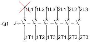 Schaltungsdiagramm mit gekreuztem 'L1'. Linien verbinden L-Klemmen (L1, L2, L3) mit T-Klemmen (T1, T2, T3).