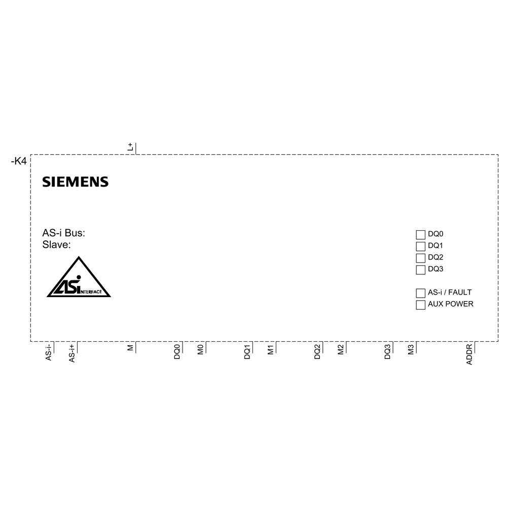 Technische Zeichnung eines Siemens AS-i Moduls. Zeigt Anschlüsse DQ0 bis DQ3 und Symbole für AS-i/Fault und Aux Power. Enthält AS-i Logo.