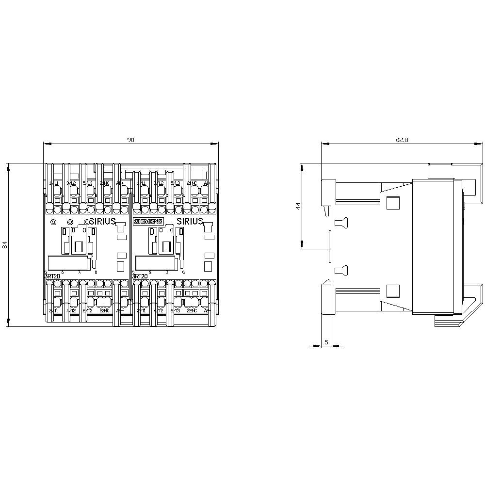 Technische Zeichnung eines SIRIUS Geräts. Zeigt Vorder- und Seitenansicht mit detaillierten Maßen: Breite 45 mm, Höhe 82,8 mm.