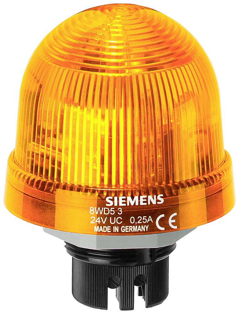 Orangefarbene Warnleuchte mit geriffelter Oberfläche, kennzeichnet durch Siemens-Logo und technische Angaben zur Spannung und Stromstärke.