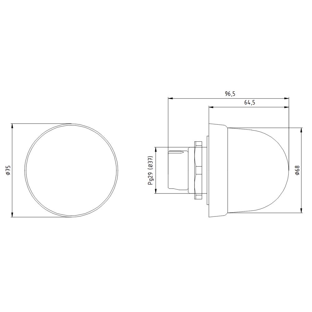 Technische Zeichnung eines runden Knopfs, Ansicht von oben und seitlich, mit markierten Maßen: Durchmesser 97,5 mm und Höhe 96,5 mm.