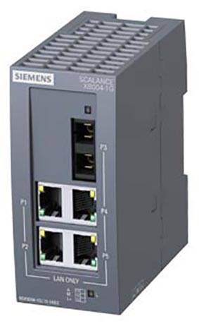 Ein grauer Netzwerk-Switch der Marke Siemens, Modell 'Scalance XB004-1G', mit mehreren Ethernet-Ports für LAN-Verbindungen.