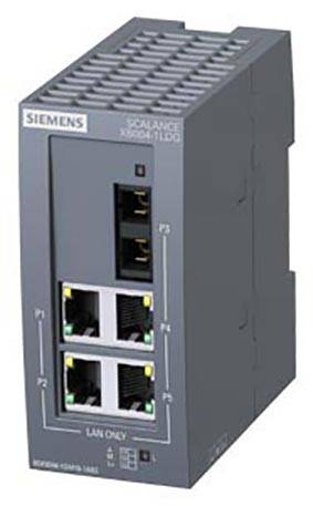 Elektronisches Gerät mit vier Ethernet-Ports und einem weiteren separaten Port, geeignet für Netzwerkanwendungen.