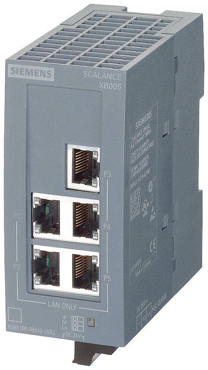 Industrie-Netzwerkswitch mit sechs Ethernet-Ports, geeignet für Schaltschrank-Installation. Modellbezeichnung: 'SCALANCE XB006'.