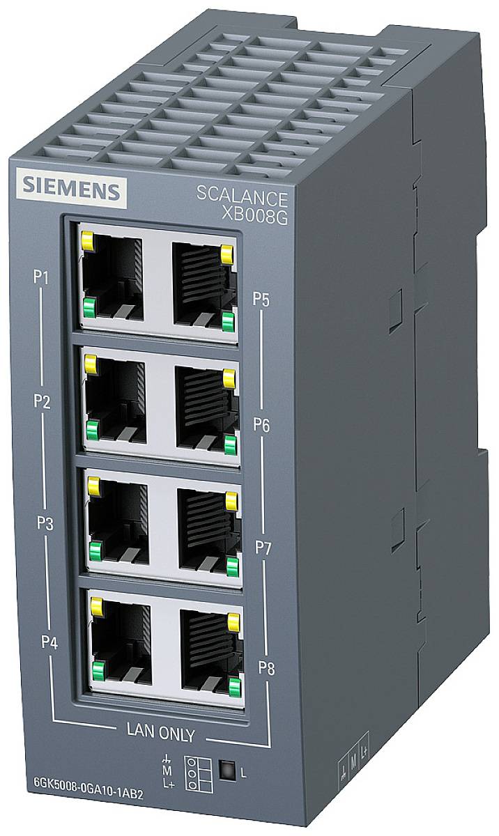 Netzwerk-Switch von Siemens mit Modellbezeichnung 'Scalance XB008G'. Zeigt acht Ethernet-Ports, geeignet für LAN-Verbindungen.