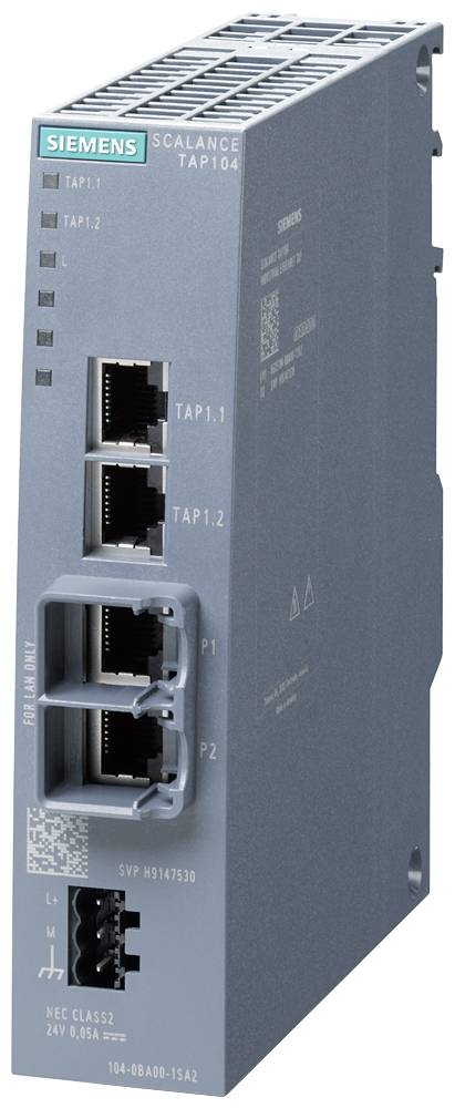 Ein graues Siemens Scalance TAP104 Netzwerkgerät mit mehreren Ethernet-Anschlüssen. Es dient der Netzwerküberwachung und -analyse.