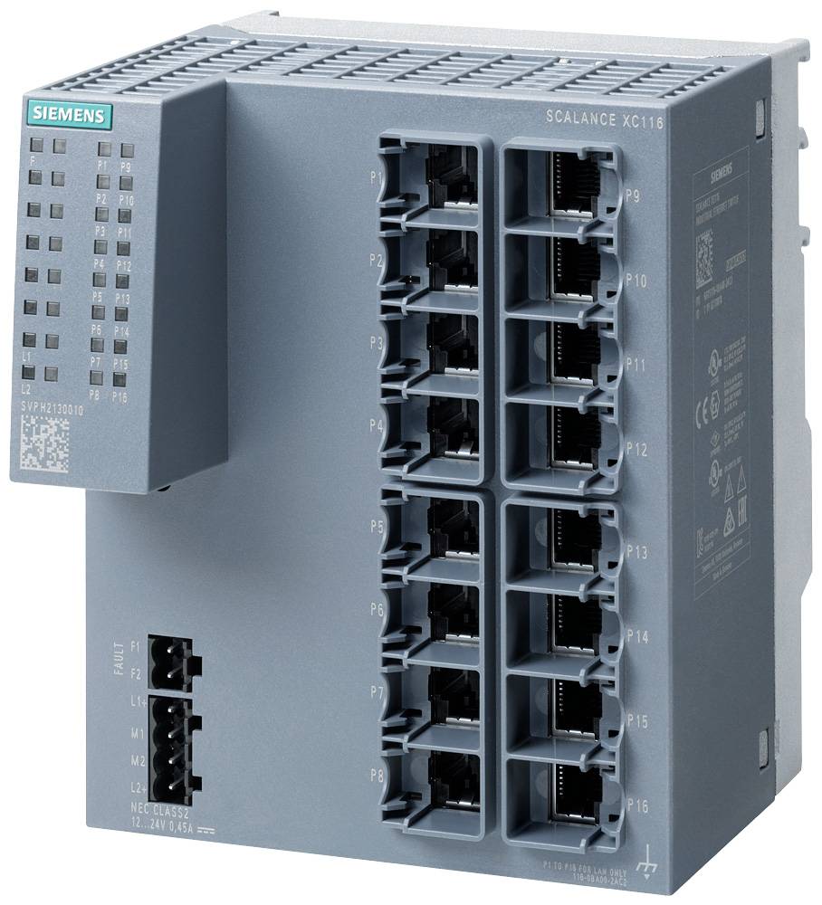 Ein graues industrielles Netzwerkgerät mit mehreren Ethernet-Ports und LED-Anzeigen. Modellname 