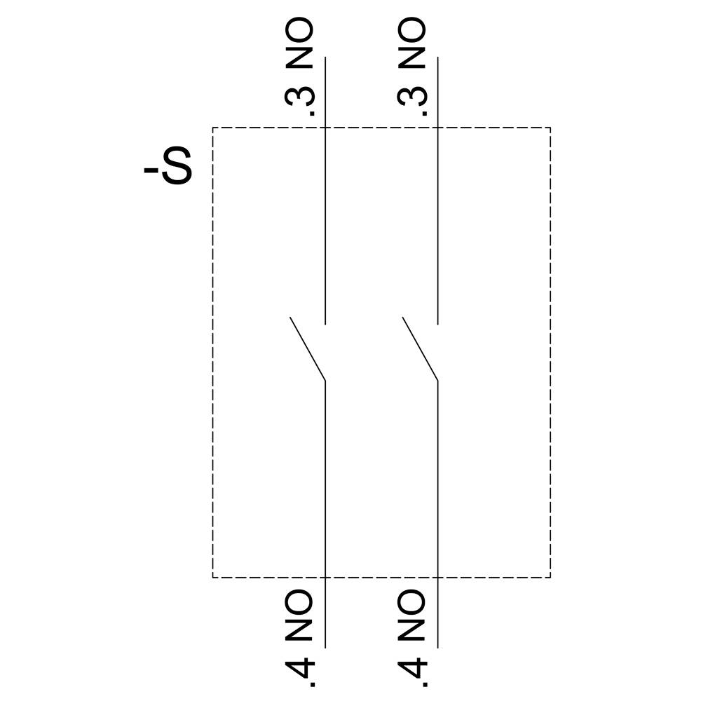 Schaltsymbol zeigt einen Doppelschalter mit Kontakten, bezeichnet mit '3 NO' und '4 NO', passend für Schaltpläne in der Elektrotechnik.
