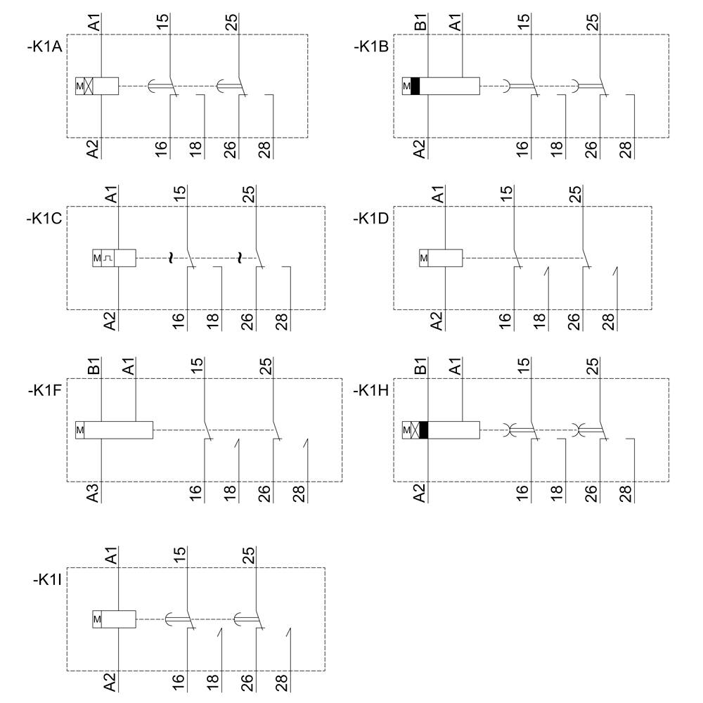 Schaltplan mit sechs elektrischen Schaltungen, beschriftet von -K1A bis -K1I. Verbindungen und Kontakte zwischen Punkten A1, A2, A3 und B1.