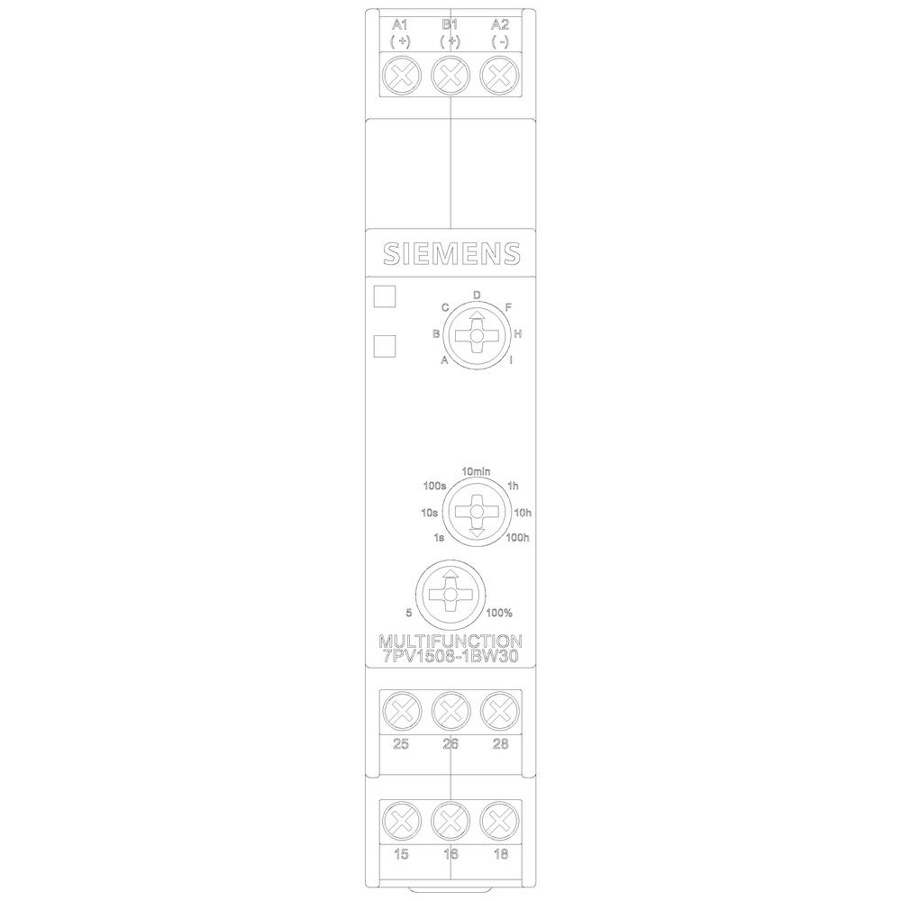 Ein Siemens Multifunktions-Relais, Modell 7PV1508-1BW30, mit einstellbarer Zeitverzögerung und verschiedenen Anschlussklemmen.