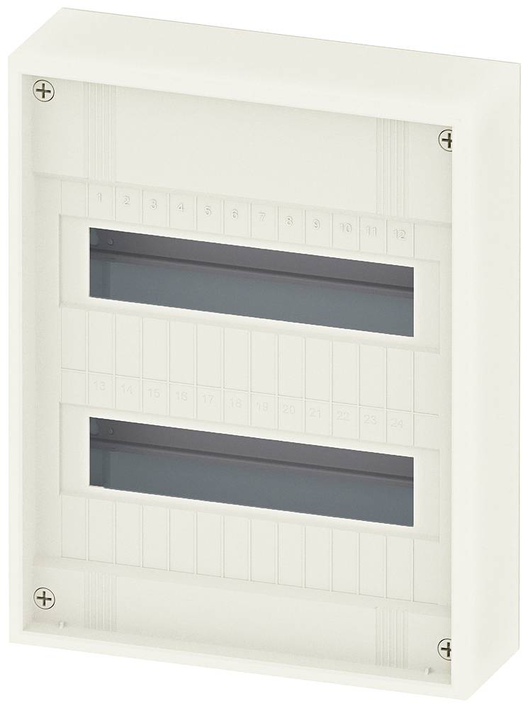 Ein weißer Sicherungskasten mit zwei Reihen für Sicherungen, jede mit beschrifteten Plätzen von 1 bis 24.