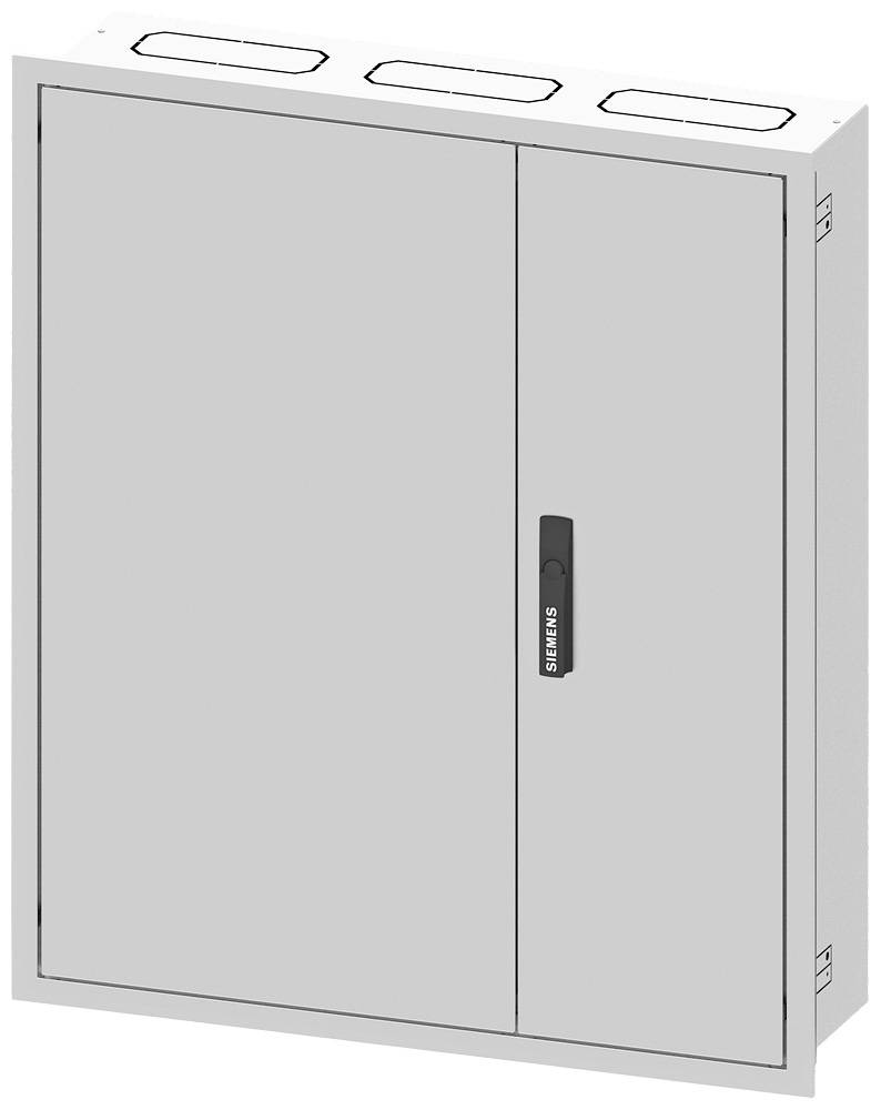 Geschlossener grauer Schaltschrank mit rechteckiger Form, zwei Türen und schwarzem Griff.