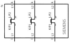 Schaltplan eines Siemens-Kontaktors mit drei parallelen Schaltungen, gekennzeichnet mit L1, L2, L3 und Verbindungen zu Klemmen K/P1, L/P2, k.
