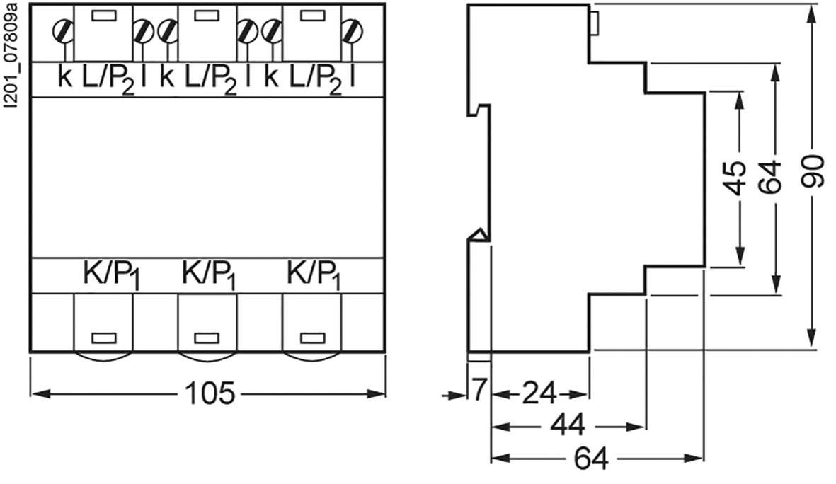 Schaltplan einer elektrischen Komponente mit Abmessungen: Breite 105 mm, Höhe 90 mm. Details der Anschlüsse K/P1 und L/P2 sind markiert.
