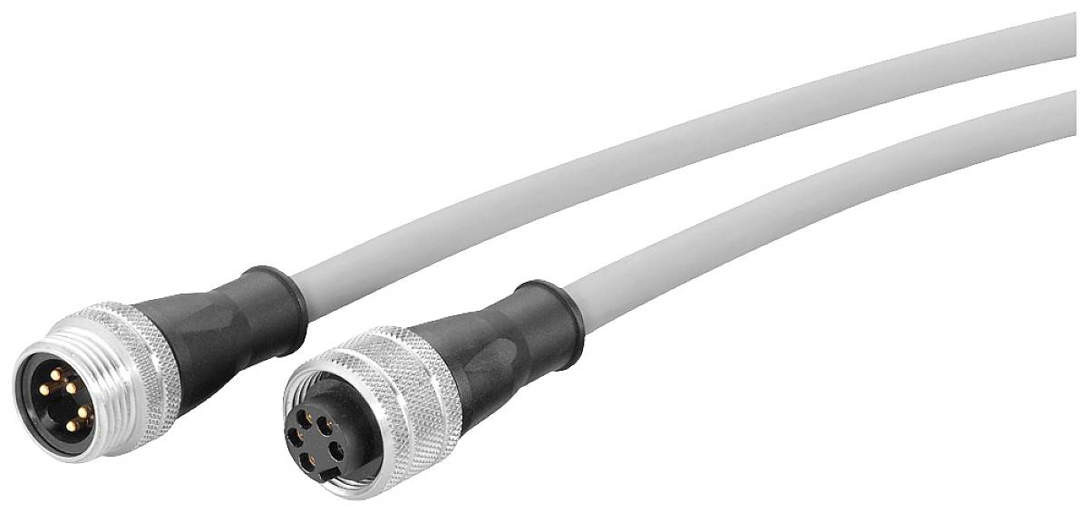 Zwei graue Verbindungskabel mit kreisförmigen Steckern und Metallgewinde, die jeweils fünf Pins aufweisen, liegen nebeneinander.