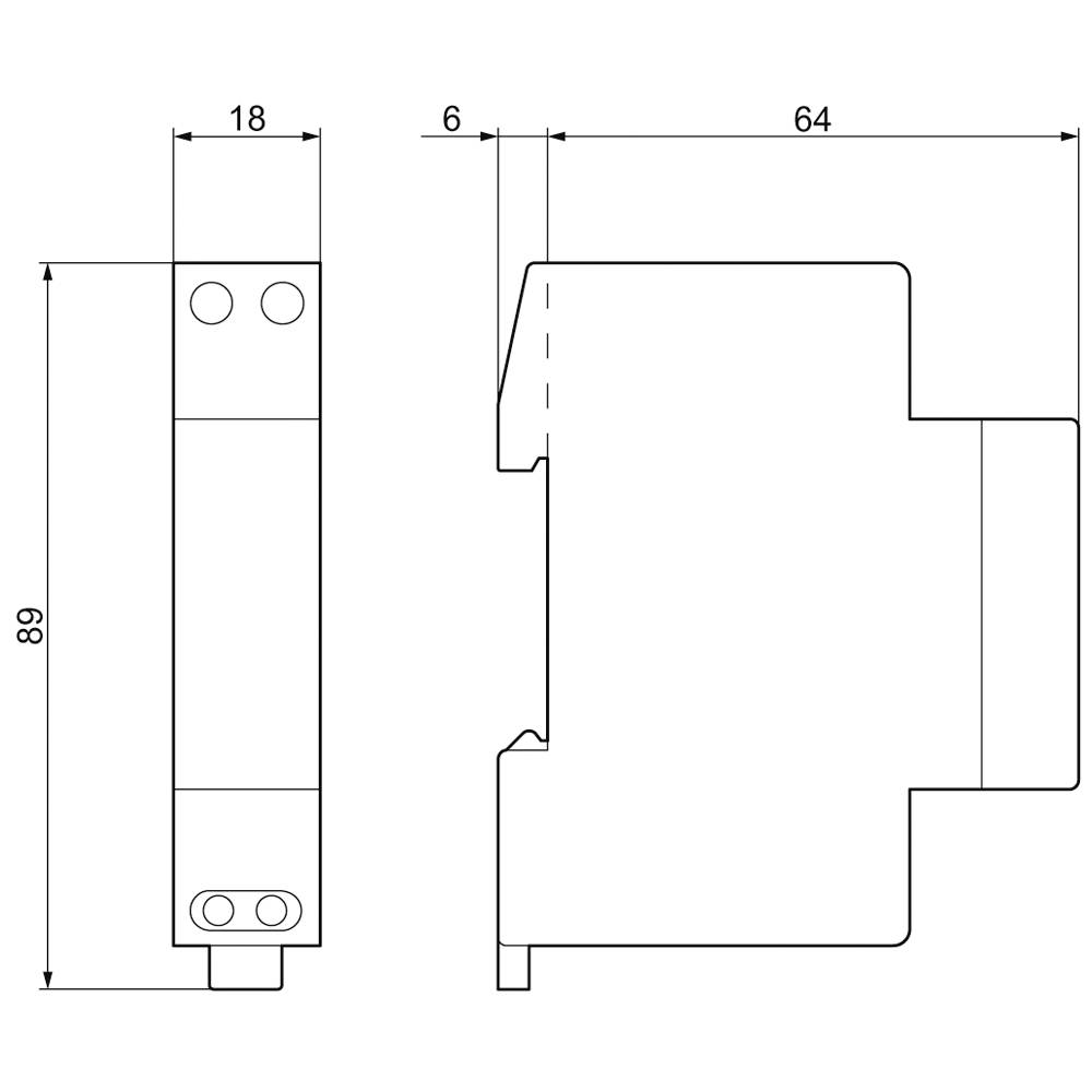 Technische Zeichnung eines rechteckigen Bauteils mit Abmessungen: Höhe 89 mm, Breite 18 mm, Tiefe 64 mm, hervorstehender Teil 6 mm.