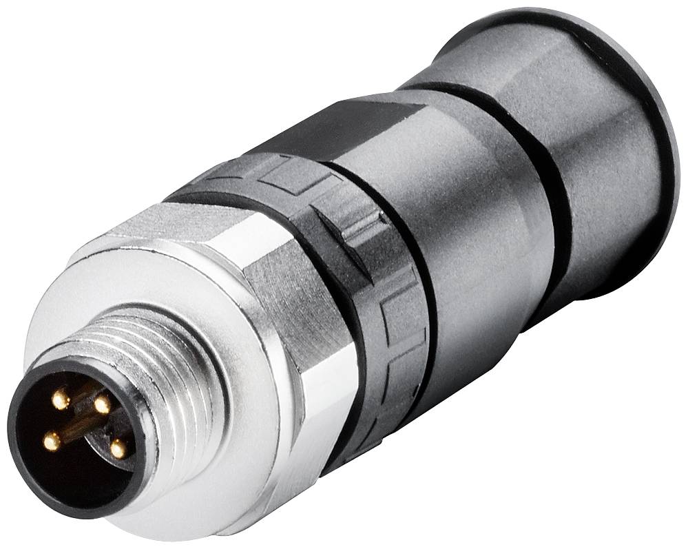 Schwarzer und silberner industrieller M12-Steckverbinder mit vier Metallstiften, geeignet für robuste elektronische Verbindungen.