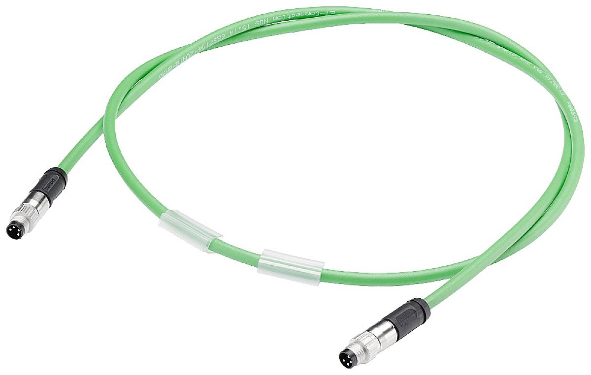 Grünes, rundes Kabel mit schwarzen Anschlusssteckern an beiden Enden zur Datenübertragung oder Stromversorgung.