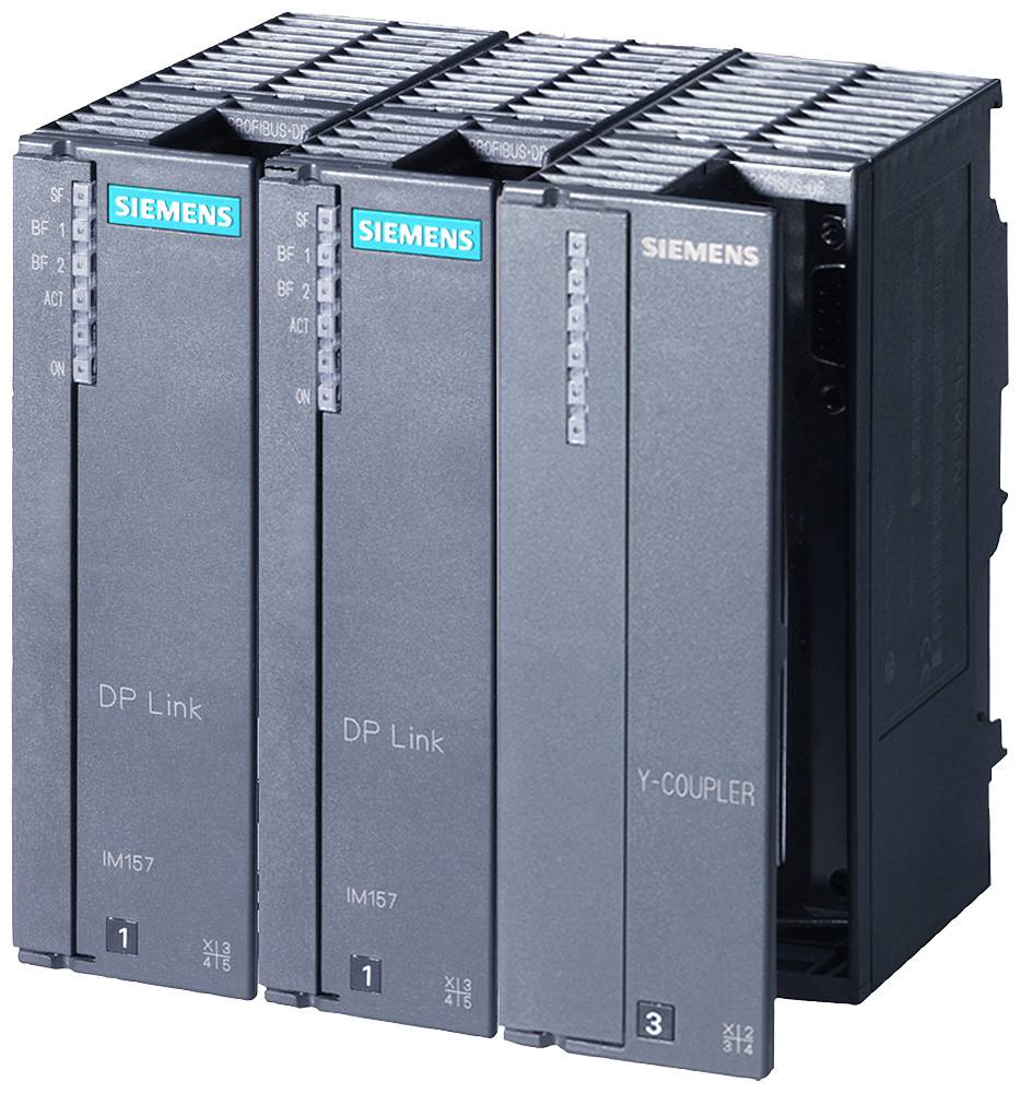 Zwei Siemens DP Link Module IM157 und ein Y-COUPLER Modul in Reihe montiert. Hauptbestandteile eines industriellen Automatisierungssystems.