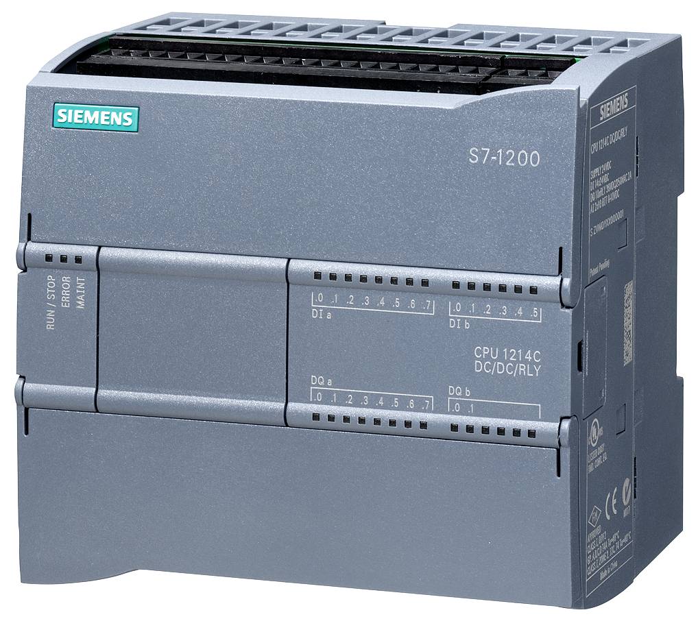 Ein graues Siemens S7-1200 Steuergerät mit Beschriftungen für verschiedene Anschlüsse und Betriebsmodus-Anzeige auf der Vorderseite.