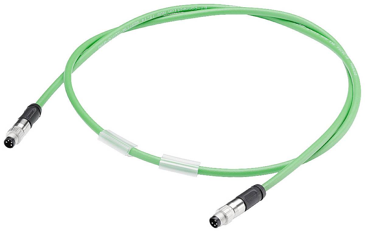 Grünes Kabel mit zwei Steckern an den Enden, oft für Daten- oder Stromverbindungen verwendet.