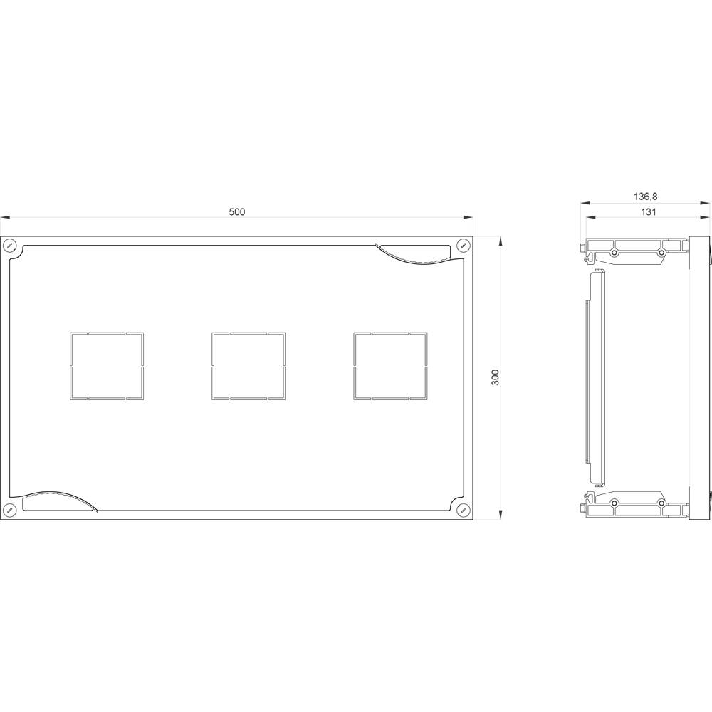 Technische Zeichnung zeigt die Abmessungen eines rechteckigen Bauteils mit drei quadratischen Öffnungen, 500x300 mm, Seitenansicht 136,8 mm.