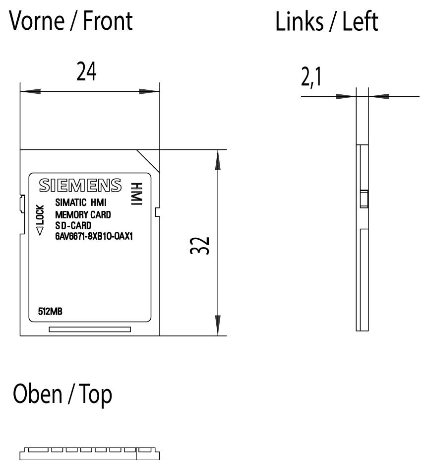 Maßstabgerechte technische Zeichnung einer Siemens SIMATIC HMI-Speicherkarte mit Vorder-, Links- und Draufsicht mit den Abmessungen 24 × 32 mm und einer Dicke von 2,1 mm.