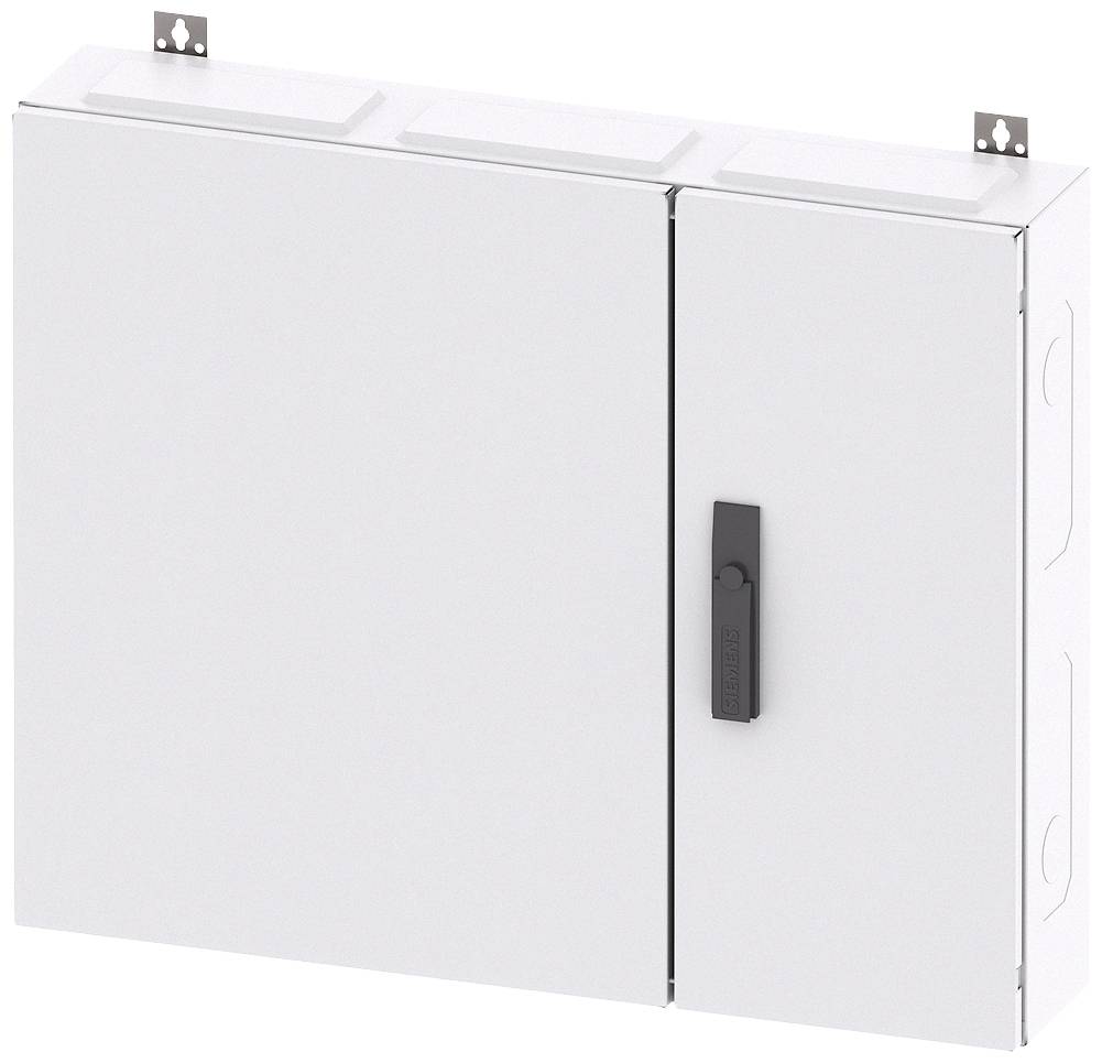 Ein weißer rechteckiger Elektrokasten mit zwei Türen, einer schwarzen Griff, an der oberen Kante Scharniere zur Wandmontage.
