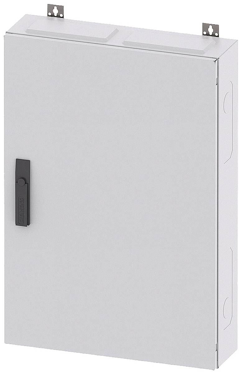 Ein rechteckiger, grauer Metallschrank mit schwarzem Griff, montiert an der Wand, wahrscheinlich zur Unterbringung elektrischer Komponenten.