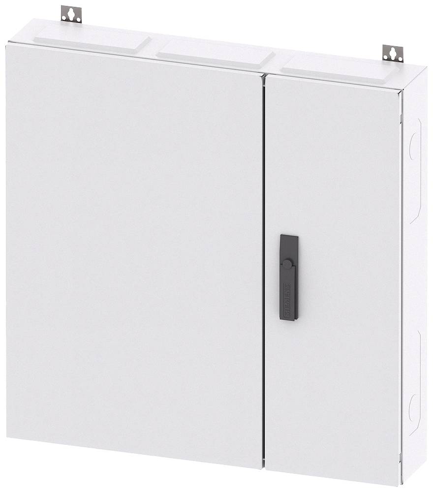 Weißer Wandschrank aus Metall mit zwei Türen, rechte Tür mit schwarzem Griff.